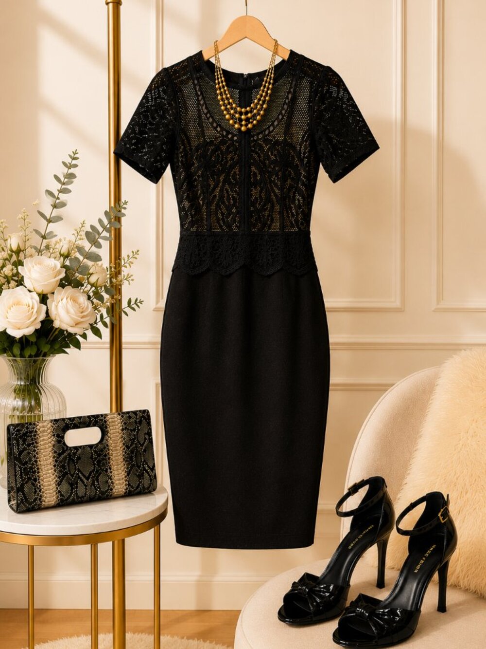 Zara Black Lace Mesh Midi Dress Bodycon Cocktail Party L